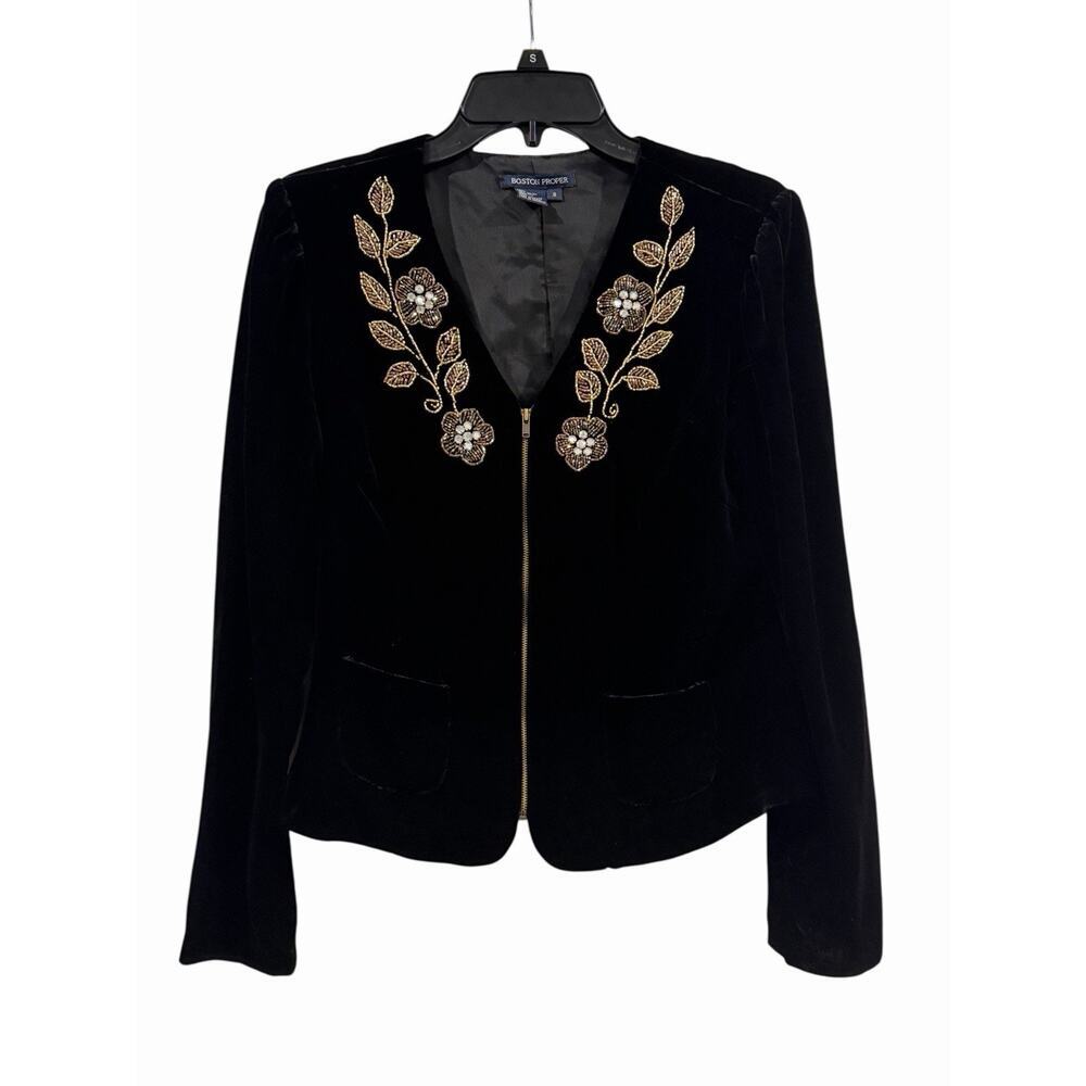 Boston Proper Black Velvet Jacket Women’s Size 8 Embellishment Floral Elegant
